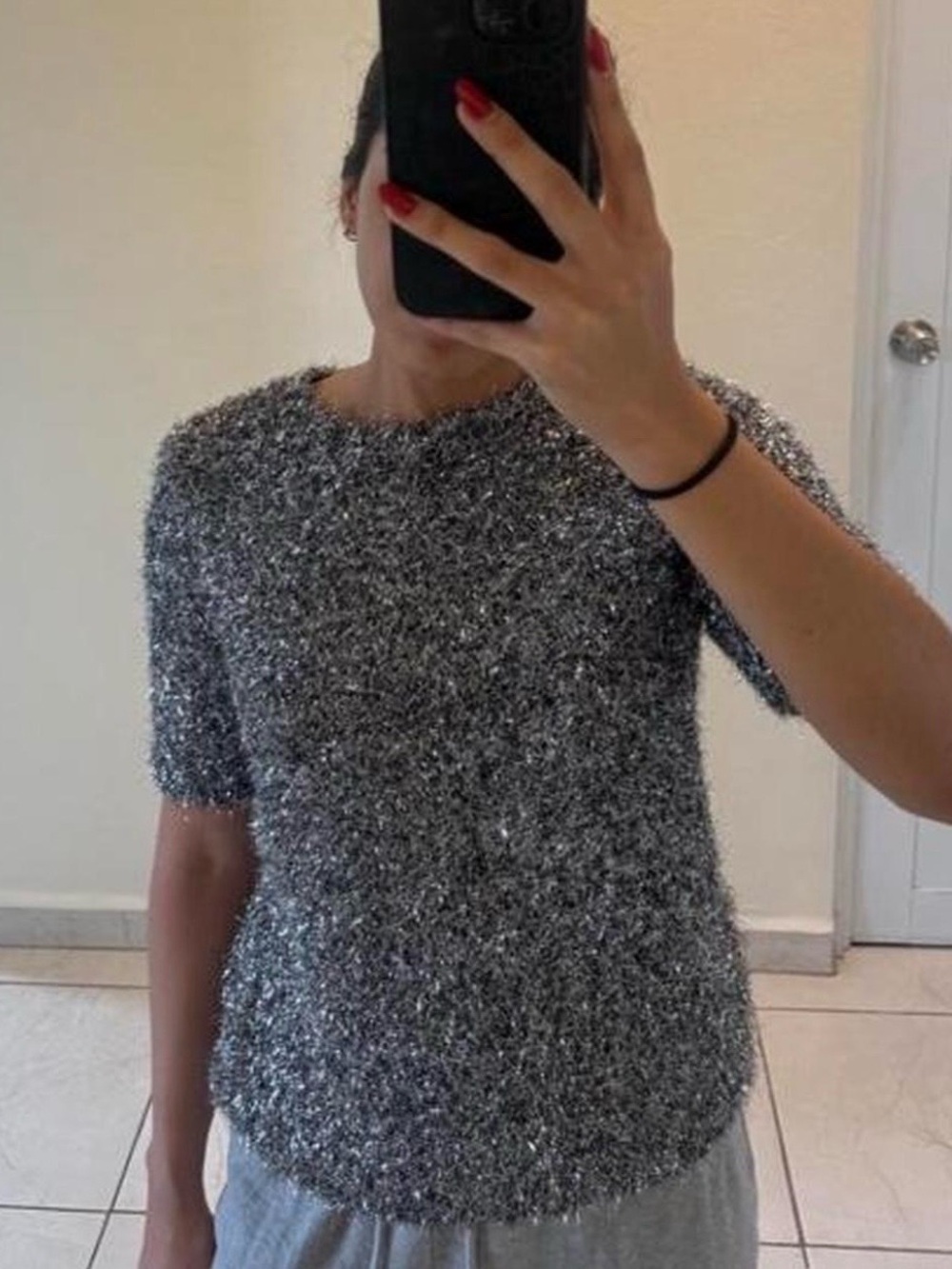 INC International Concepts Silver Metallic Short-Sleeve Knit Top